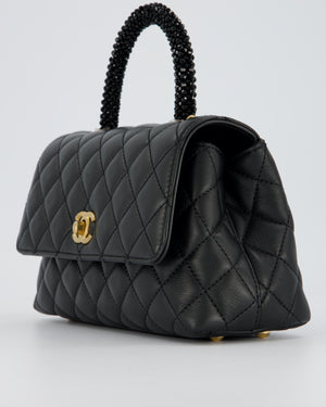 Chanel Small Coco Top Handle Bag in Black Lambskin Leather with Black Crystal-Encrusted Handle and Gold Hardware