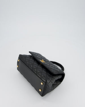 Chanel Small Coco Top Handle Bag in Black Smooth Calf Leather with Black Crystal-Encrusted Handle and Gold Hardware