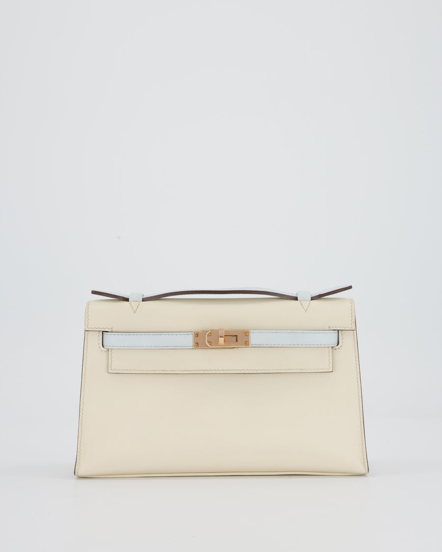 Hermès HSS Kelly Pochette Bag in Nata and Blue Brume Swift Leather with Rose Gold Hardware