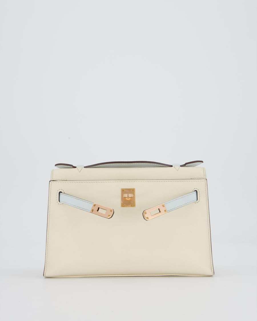 Hermès HSS Kelly Pochette Bag in Nata and Blue Brume Swift Leather with Rose Gold Hardware