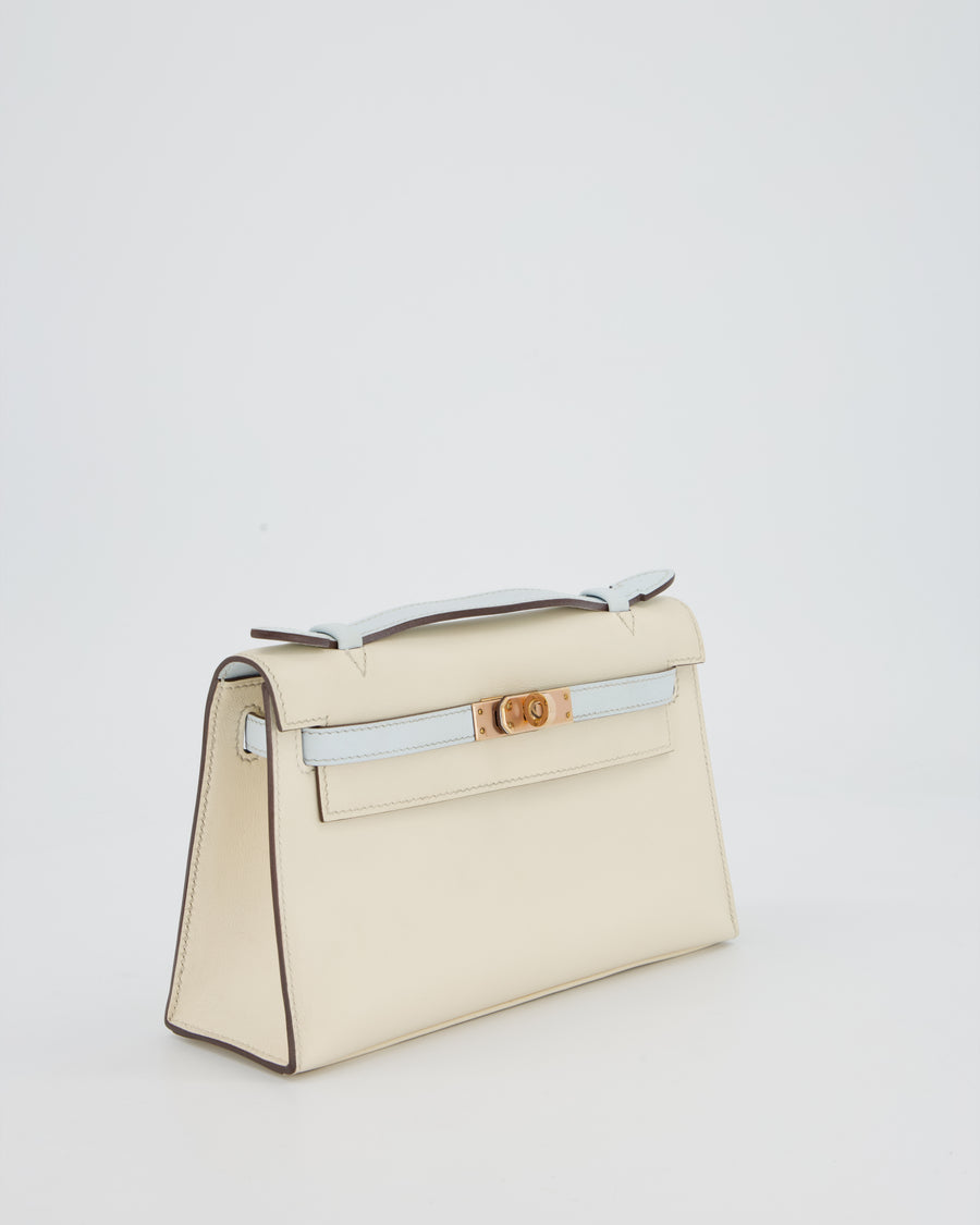 Hermès HSS Kelly Pochette Bag in Nata and Blue Brume Swift Leather with Rose Gold Hardware
