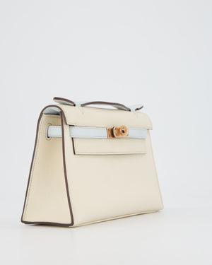 Hermès HSS Kelly Pochette Bag in Nata and Blue Brume Swift Leather with Rose Gold Hardware