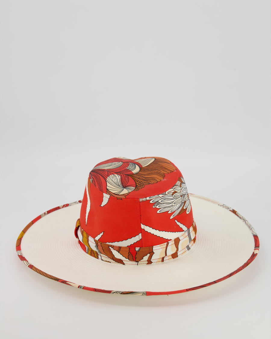 Hermès Orange and White Sun Hat in "Mythiques Phoenix" Print Size 56