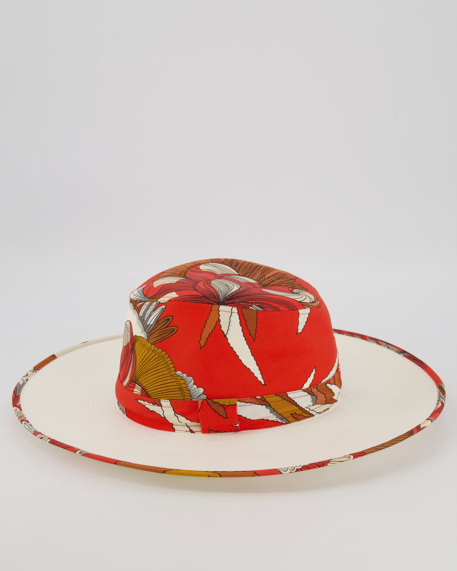 Hermès Orange and White Sun Hat in "Mythiques Phoenix" Print Size 56