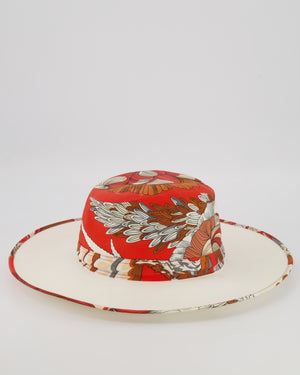 Hermès Orange and White Sun Hat in "Mythiques Phoenix" Print Size 56