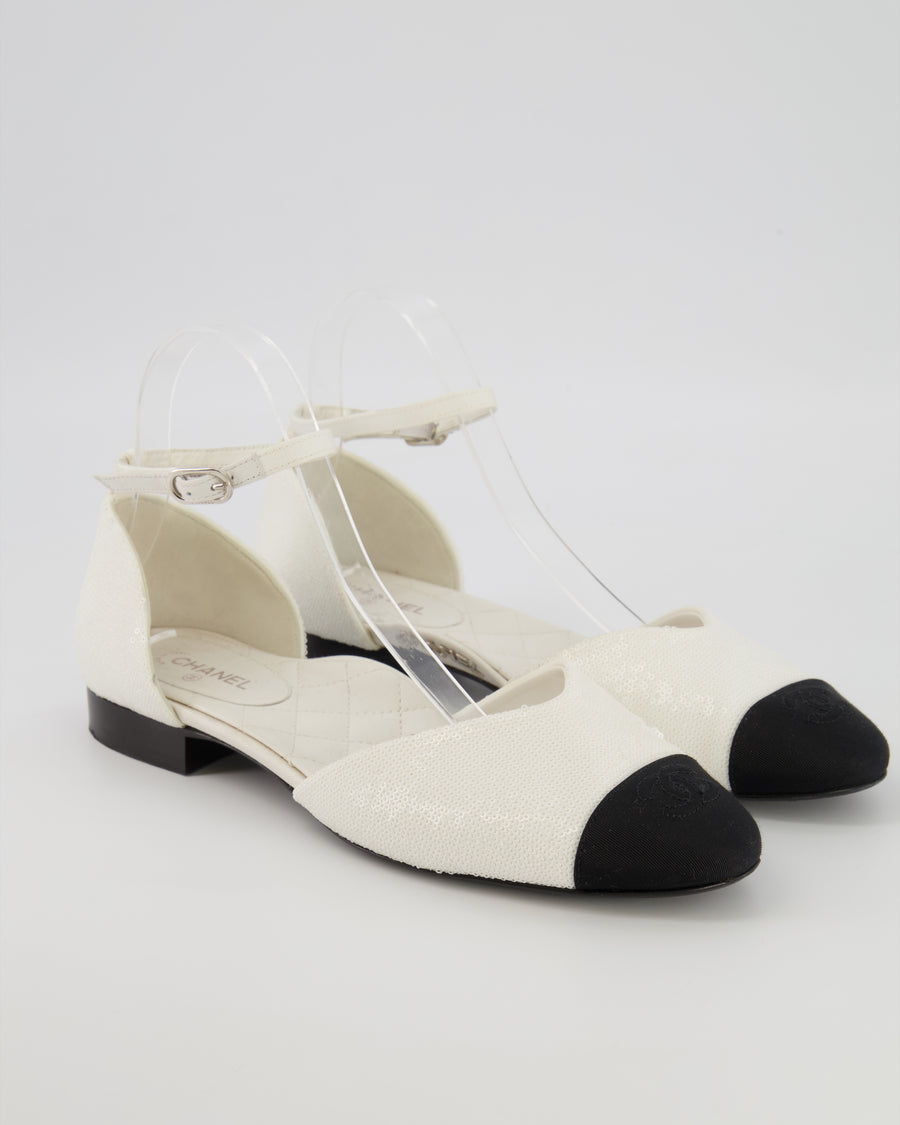Chanel SS20 Runway White Sequin Embellished D'Orsay Flats with Black Grosgrain Cap-Toe and Ankle Strap Detail with Silver Logo Size EU 40