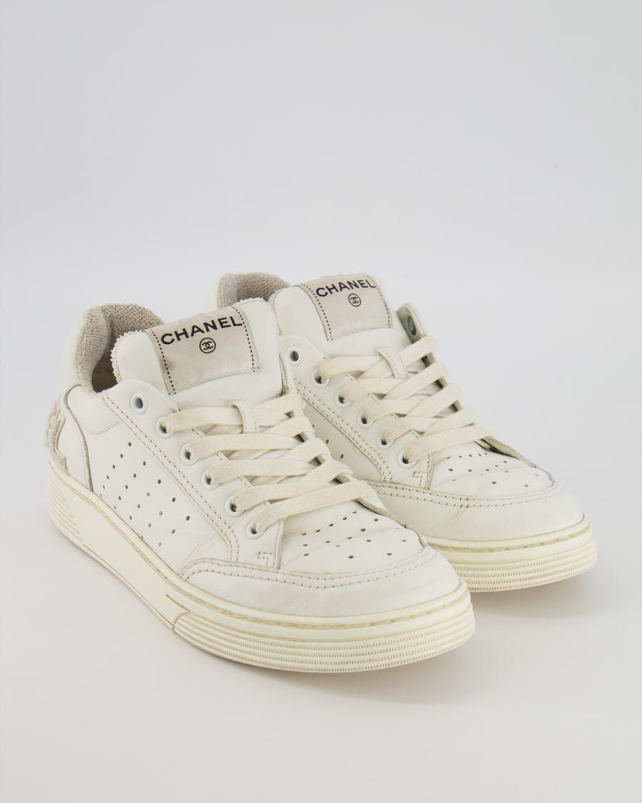 Chanel White Perforated Leather Trainers with Terrycloth Back Logo Size EU 39.5