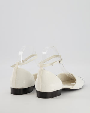 Chanel SS20 Runway White Sequin Embellished D'Orsay Flats with Black Grosgrain Cap-Toe and Ankle Strap Detail with Silver Logo Size EU 40