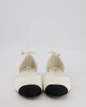Chanel SS20 Runway White Sequin Embellished D'Orsay Flats with Black Grosgrain Cap-Toe and Ankle Strap Detail with Silver Logo Size EU 40