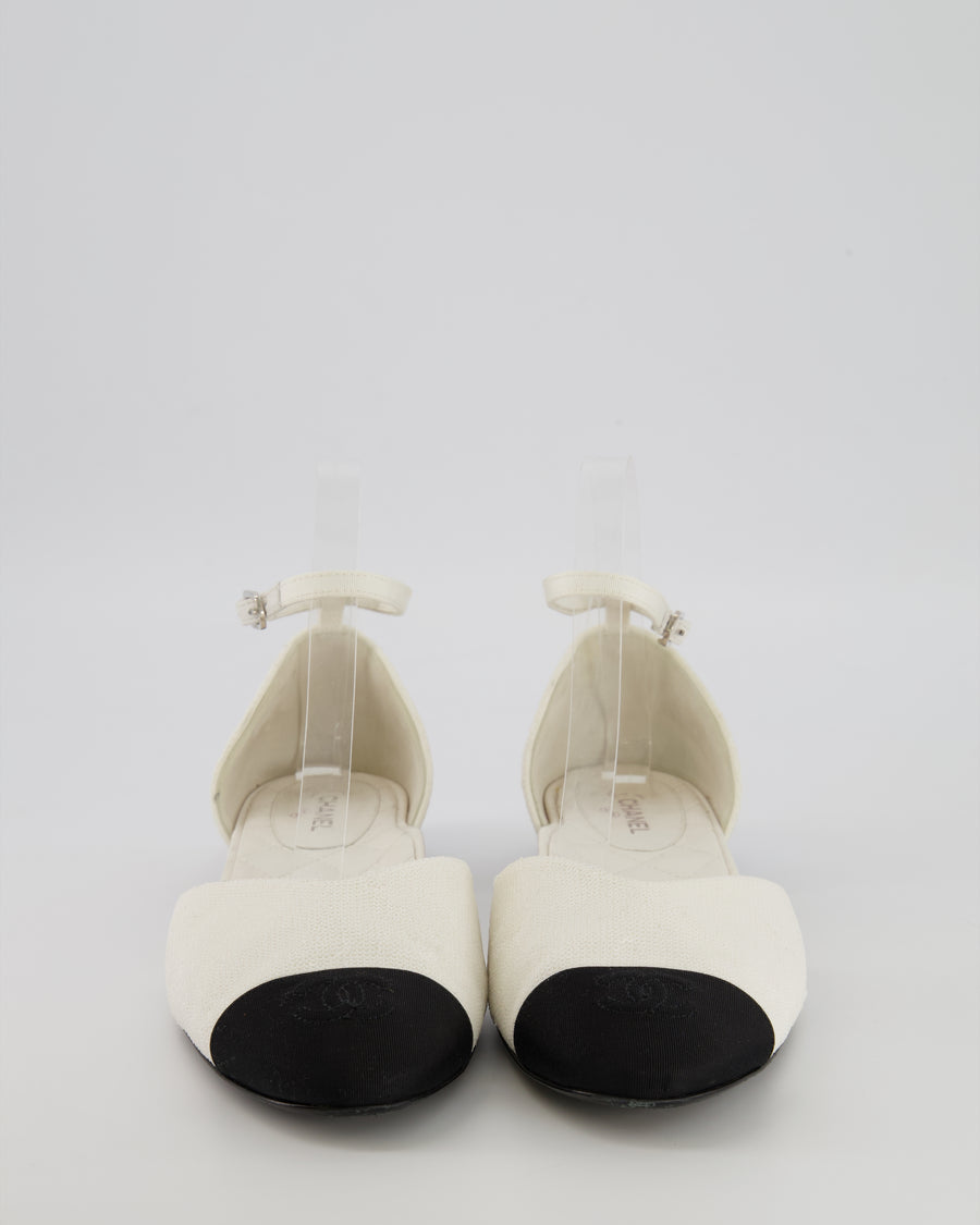Chanel SS20 Runway White Sequin Embellished D'Orsay Flats with Black Grosgrain Cap-Toe and Ankle Strap Detail with Silver Logo Size EU 40