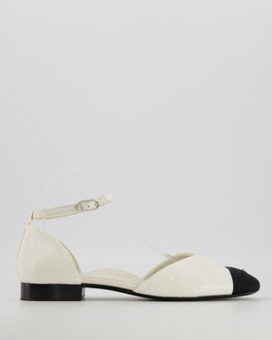 Chanel SS20 Runway White Sequin Embellished D'Orsay Flats with Black Grosgrain Cap-Toe and Ankle Strap Detail with Silver Logo Size EU 40