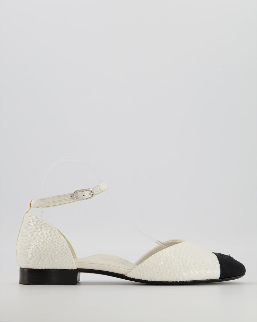 Chanel SS20 Runway White Sequin Embellished D'Orsay Flats with Black Grosgrain Cap-Toe and Ankle Strap Detail with Silver Logo Size EU 40