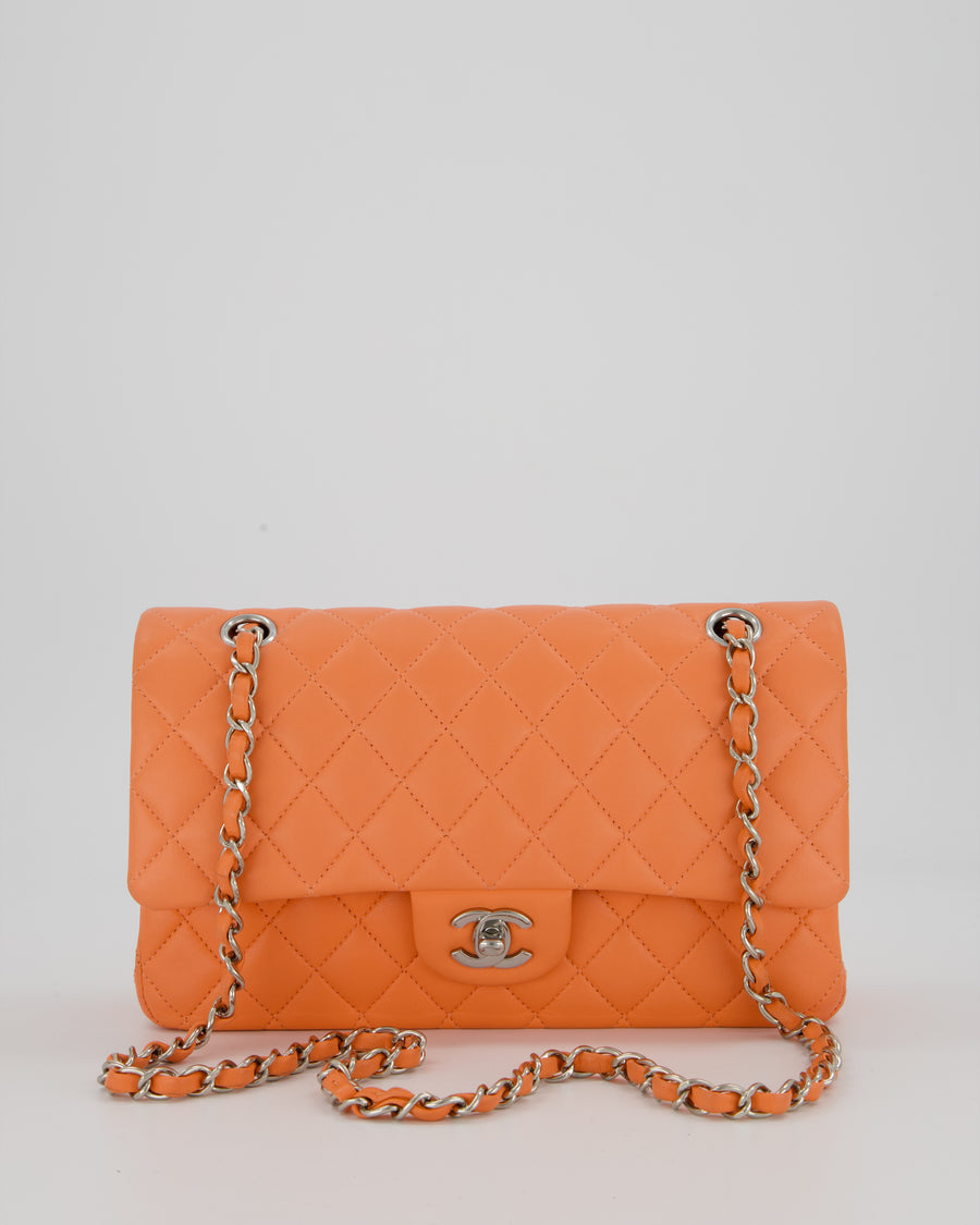 Chanel Coral Pink Classic Medium Double Flap Bag in Lambskin Leather with Silver Hardware