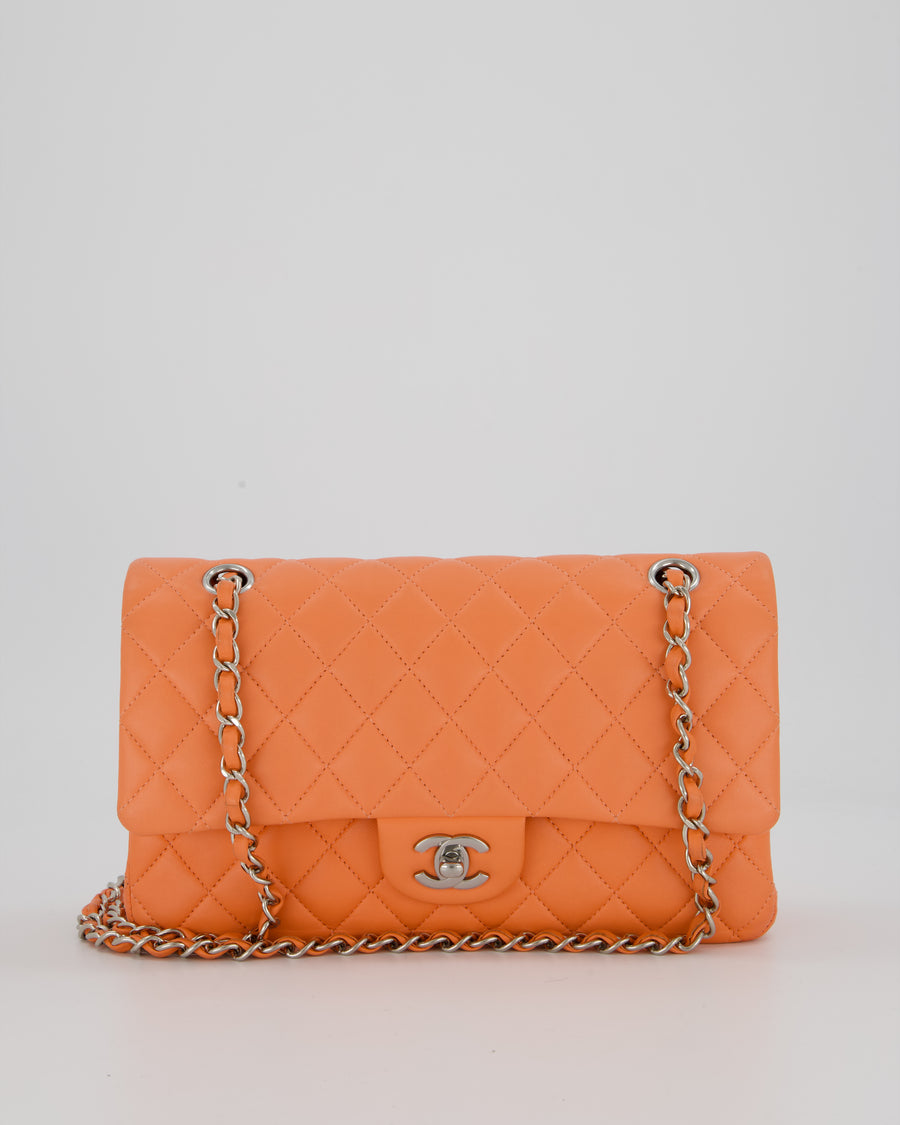 Chanel Coral Pink Classic Medium Double Flap Bag in Lambskin Leather with Silver Hardware