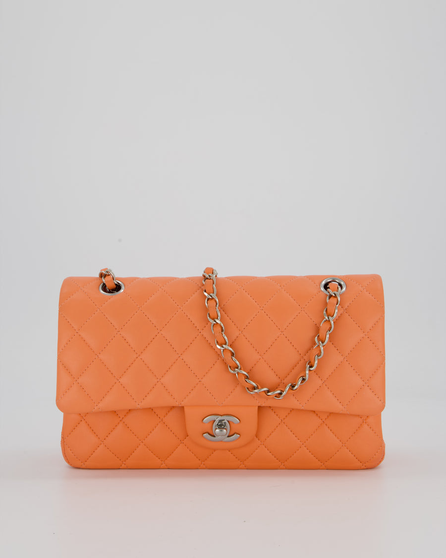 Chanel Coral Pink Classic Medium Double Flap Bag in Lambskin Leather with Silver Hardware