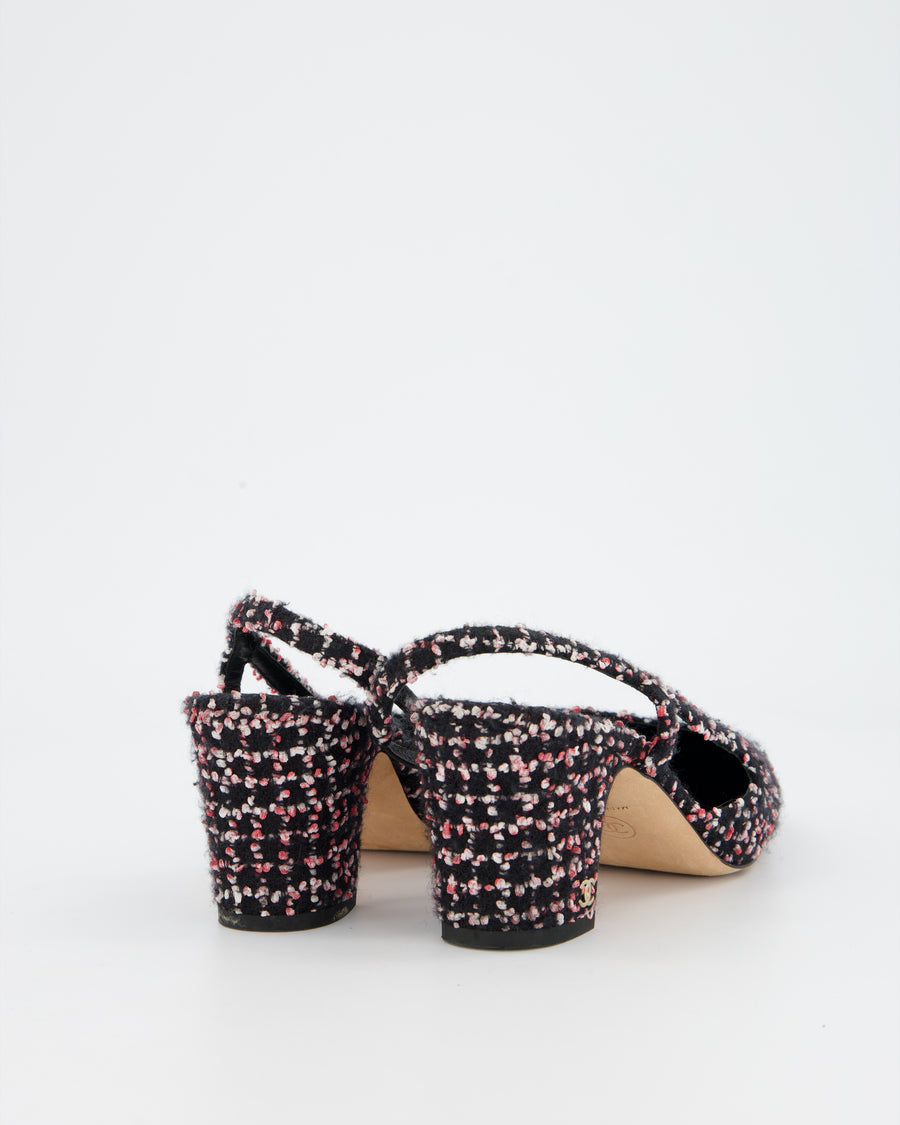 Chanel Black and Pink Tweed Sling backs with Black Grosgrain Cap Toe and Gold CC Logo Detail Size EU 37.5