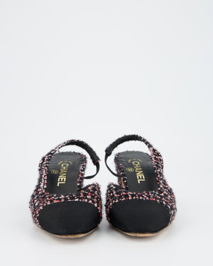 Chanel Black and Pink Tweed Sling backs with Black Grosgrain Cap Toe and Gold CC Logo Detail Size EU 37.5