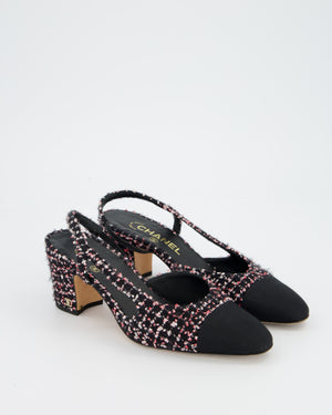 Chanel Black and Pink Tweed Sling backs with Black Grosgrain Cap Toe and Gold CC Logo Detail Size EU 37.5