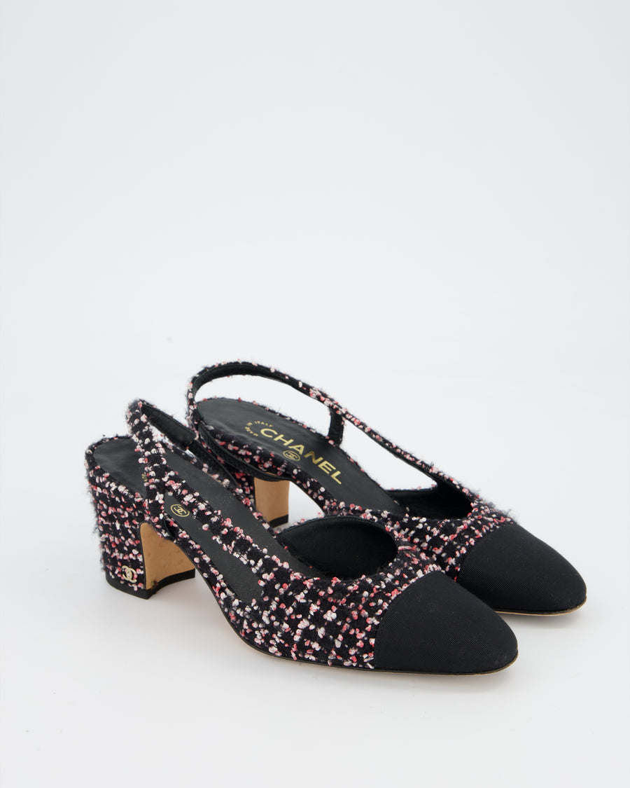 Chanel Black and Pink Tweed Sling backs with Black Grosgrain Cap Toe and Gold CC Logo Detail Size EU 37.5