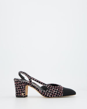 Chanel Black and Pink Tweed Sling backs with Black Grosgrain Cap Toe and Gold CC Logo Detail Size EU 37.5