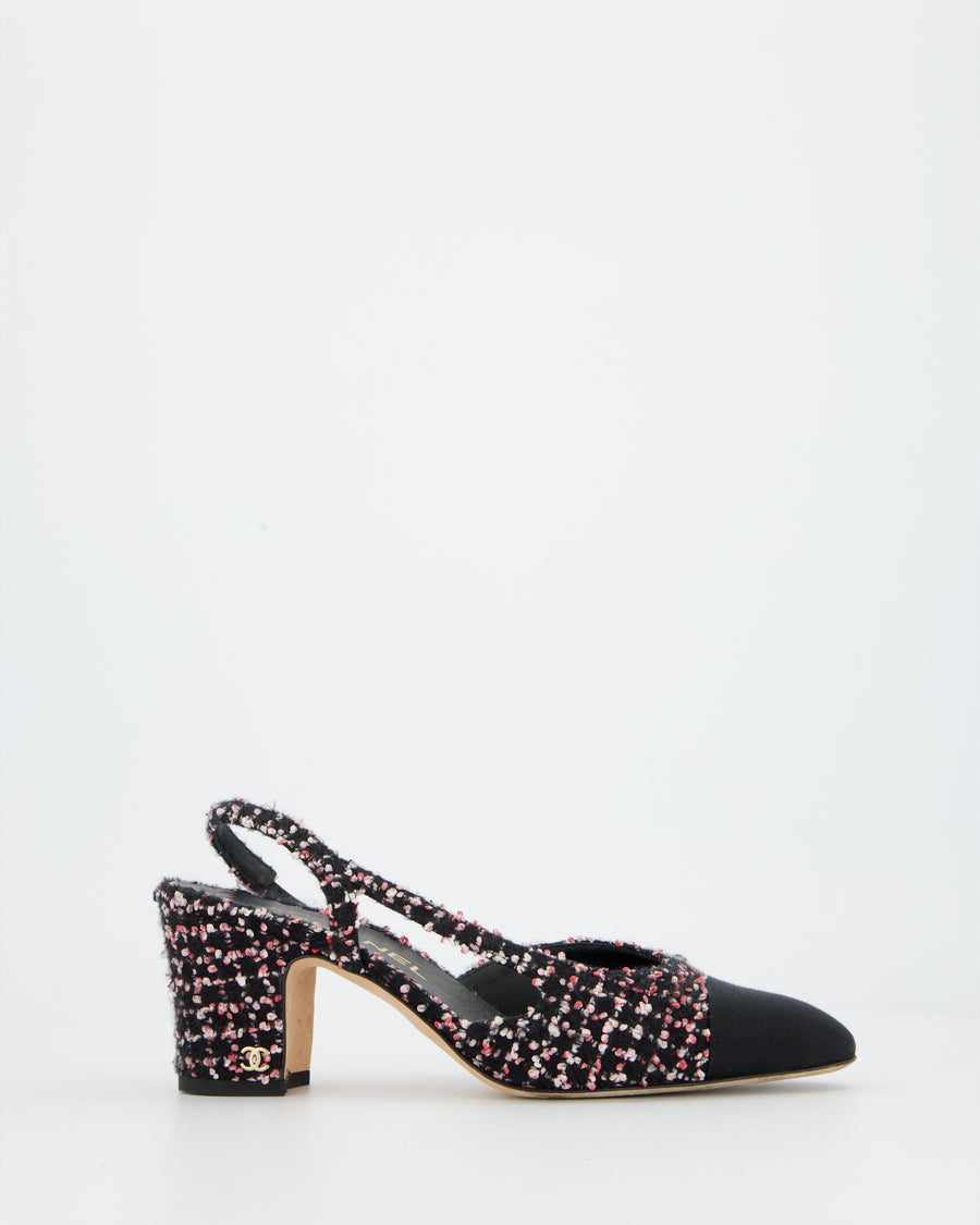 Chanel Black and Pink Tweed Sling backs with Black Grosgrain Cap Toe and Gold CC Logo Detail Size EU 37.5