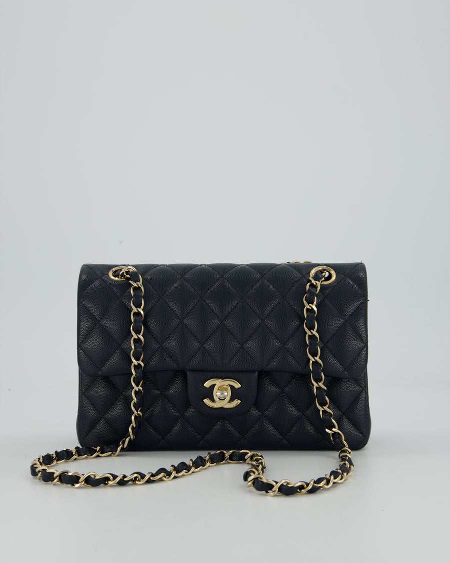 Chanel Navy Small Classic Double Flap Bag in Caviar Leather with Champagne Gold Hardware