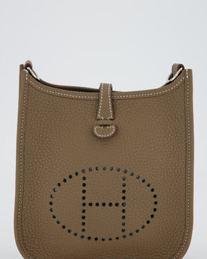 Hermès Mini Evelyne 16 Amazone Bag in Etoupe Clemence Leather with Bleu Indigo Strap and Palladium Hardware