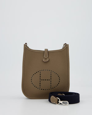 Hermès Mini Evelyne 16 Amazone Bag in Etoupe Clemence Leather with Bleu Indigo Strap and Palladium Hardware