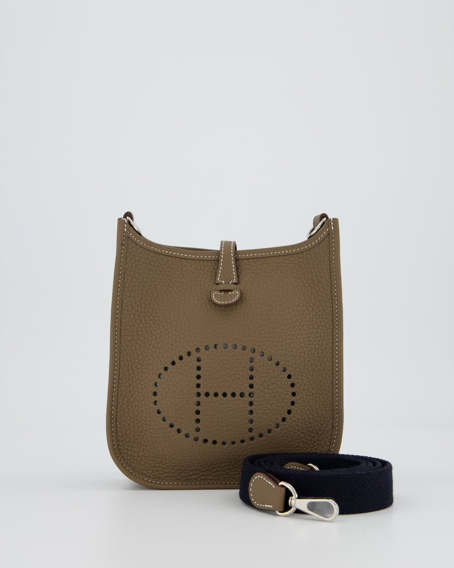 Hermès Mini Evelyne 16 Amazone Bag in Etoupe Clemence Leather with Bleu Indigo Strap and Palladium Hardware