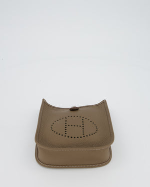 Hermès Mini Evelyne 16 Amazone Bag in Etoupe Clemence Leather with Bleu Indigo Strap and Palladium Hardware