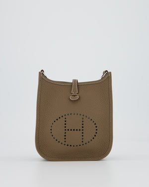 Hermès Mini Evelyne 16 Amazone Bag in Etoupe Clemence Leather with Bleu Indigo Strap and Palladium Hardware