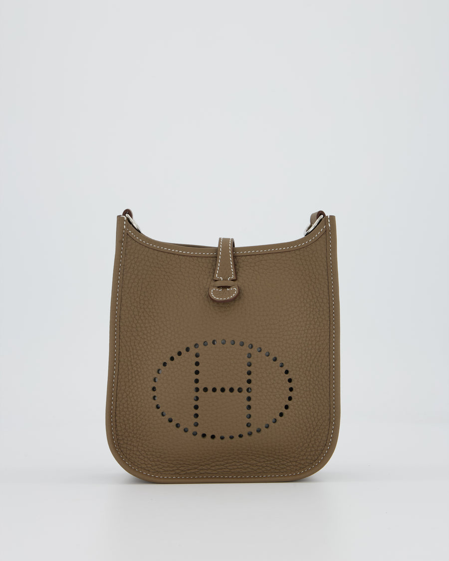 Hermès Mini Evelyne 16 Amazone Bag in Etoupe Clemence Leather with Bleu Indigo Strap and Palladium Hardware