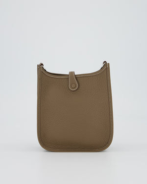 Hermès Mini Evelyne 16 Amazone Bag in Etoupe Clemence Leather with Bleu Indigo Strap and Palladium Hardware