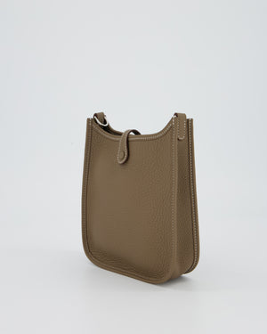 Hermès Mini Evelyne 16 Amazone Bag in Etoupe Clemence Leather with Bleu Indigo Strap and Palladium Hardware
