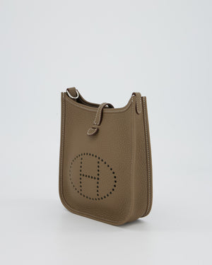 Hermès Mini Evelyne 16 Amazone Bag in Etoupe Clemence Leather with Bleu Indigo Strap and Palladium Hardware