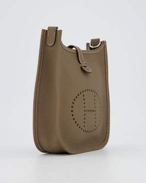Hermès Mini Evelyne 16 Amazone Bag in Etoupe Clemence Leather with Bleu Indigo Strap and Palladium Hardware