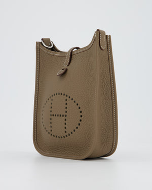 Hermès Mini Evelyne 16 Amazone Bag in Etoupe Clemence Leather with Bleu Indigo Strap and Palladium Hardware