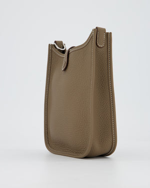 Hermès Mini Evelyne 16 Amazone Bag in Etoupe Clemence Leather with Bleu Indigo Strap and Palladium Hardware