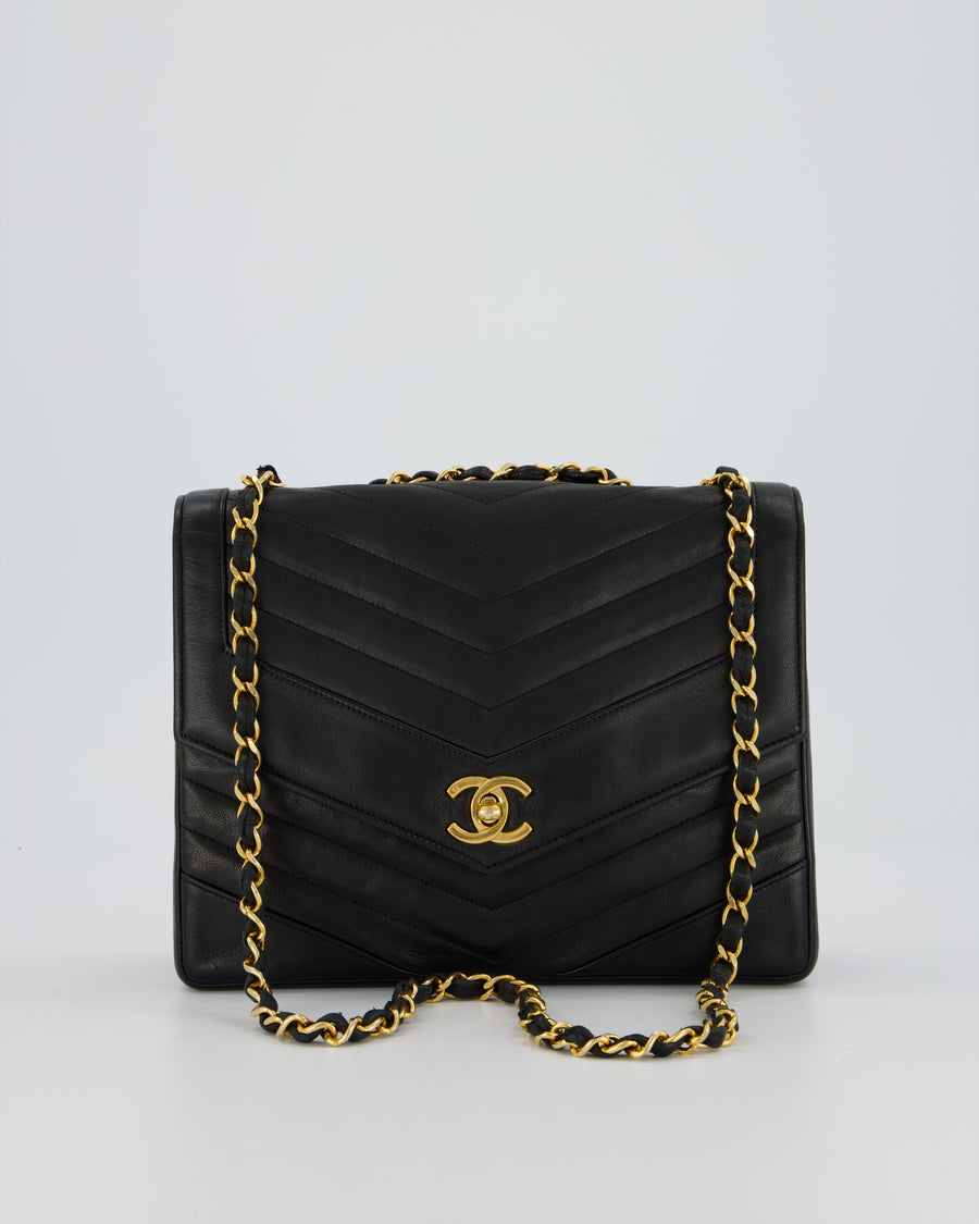Chanel Vintage Square Chevron Single Flap Bag in Black Lambskin Leather with 24k Gold Hardware