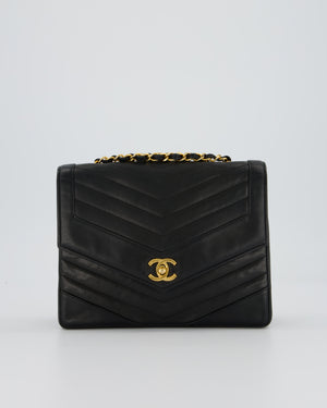 Chanel Vintage Square Chevron Single Flap Bag in Black Lambskin Leather with 24k Gold Hardware
