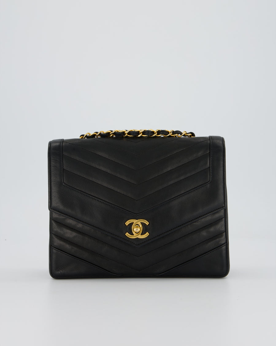 Chanel Vintage Square Chevron Single Flap Bag in Black Lambskin Leather with 24k Gold Hardware