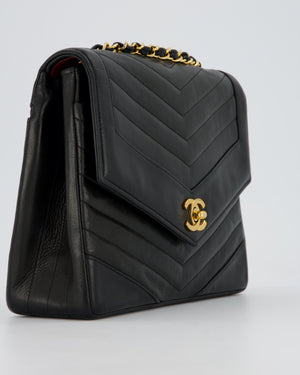 Chanel Vintage Square Chevron Single Flap Bag in Black Lambskin Leather with 24k Gold Hardware