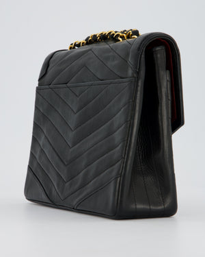 Chanel Vintage Square Chevron Single Flap Bag in Black Lambskin Leather with 24k Gold Hardware