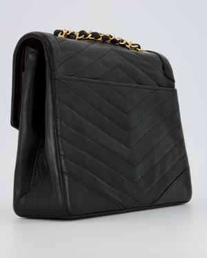 Chanel Vintage Square Chevron Single Flap Bag in Black Lambskin Leather with 24k Gold Hardware