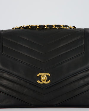 Chanel Vintage Square Chevron Single Flap Bag in Black Lambskin Leather with 24k Gold Hardware