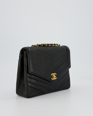 Chanel Vintage Square Chevron Single Flap Bag in Black Lambskin Leather with 24k Gold Hardware