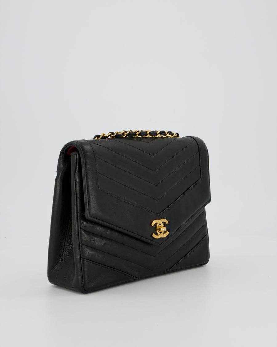 Chanel Vintage Square Chevron Single Flap Bag in Black Lambskin Leather with 24k Gold Hardware