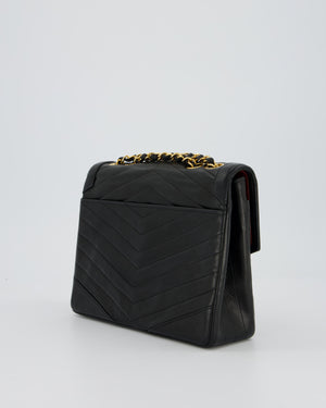 Chanel Vintage Square Chevron Single Flap Bag in Black Lambskin Leather with 24k Gold Hardware