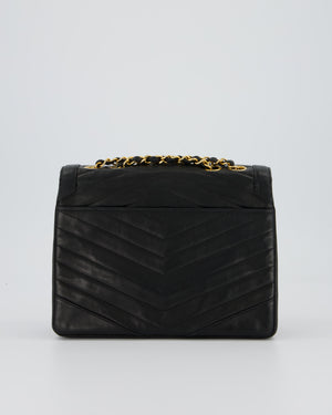 Chanel Vintage Square Chevron Single Flap Bag in Black Lambskin Leather with 24k Gold Hardware