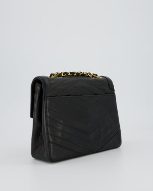 Chanel Vintage Square Chevron Single Flap Bag in Black Lambskin Leather with 24k Gold Hardware